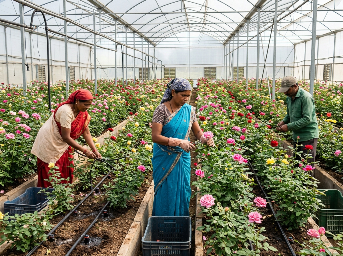 Arvai Blooms greenhouse rose cultivation and team